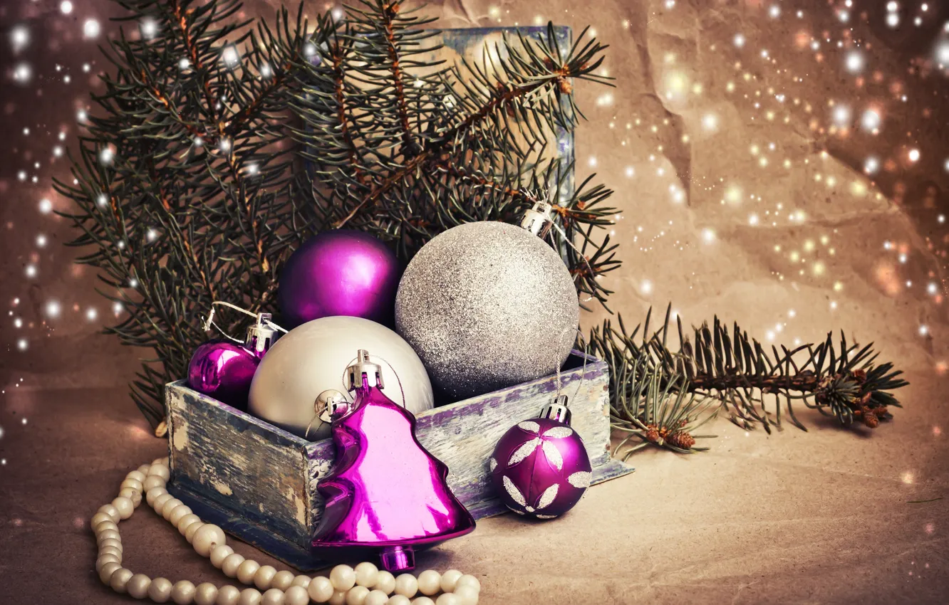 Photo wallpaper winter, purple, balls, branches, holiday, box, toy, tree