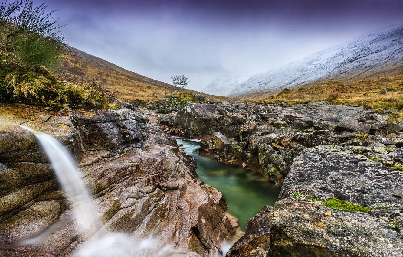 Photo wallpaper grass, mountains, stream, stones, waterfall, valley, UK, Yorkshire