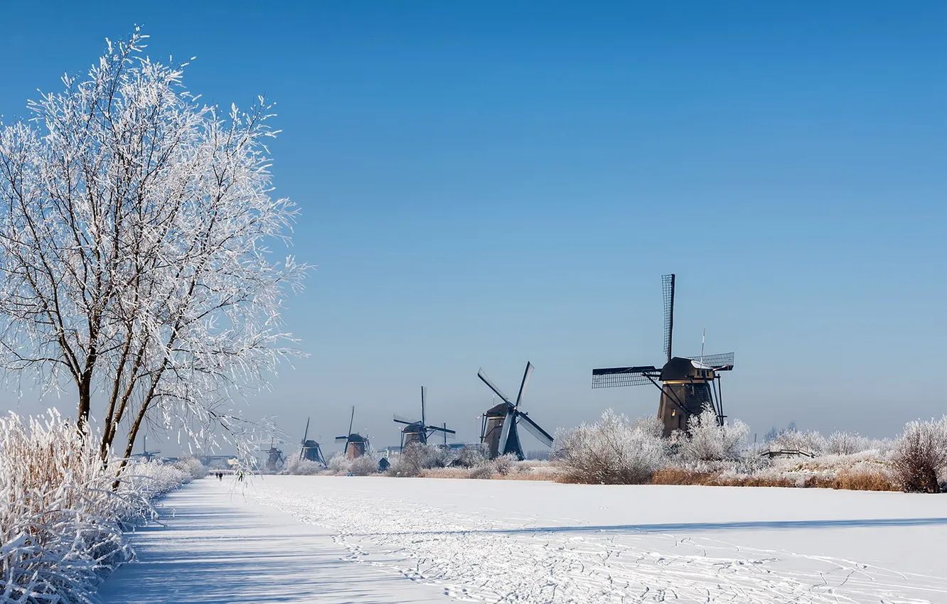Photo wallpaper winter, river, mill