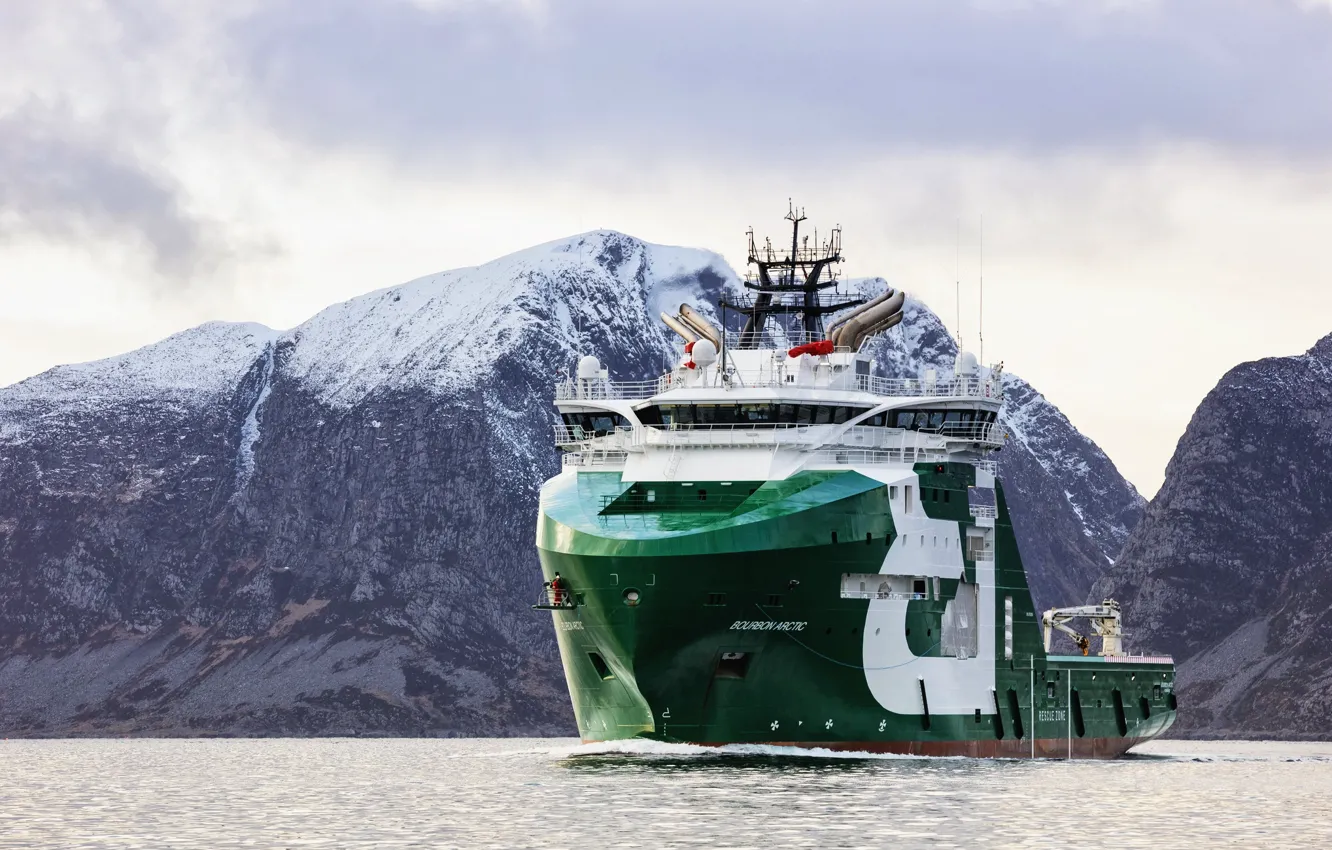 Photo wallpaper sea, mountains, The ship, Arctic, Bourbon, Vessel, AHTS, Offshore
