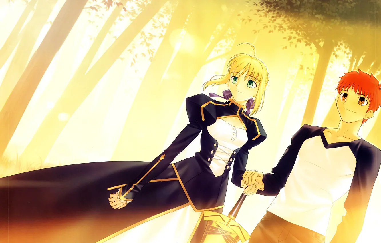 Photo wallpaper forest, girl, smile, sword, Excalibur, guy, the saber, Emiya Shirou