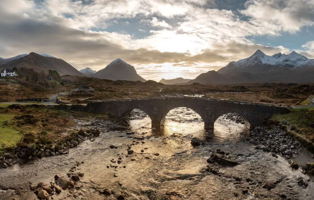 Photo wallpaper road, light, mountains, bridge, castle, shore, arch, mansion