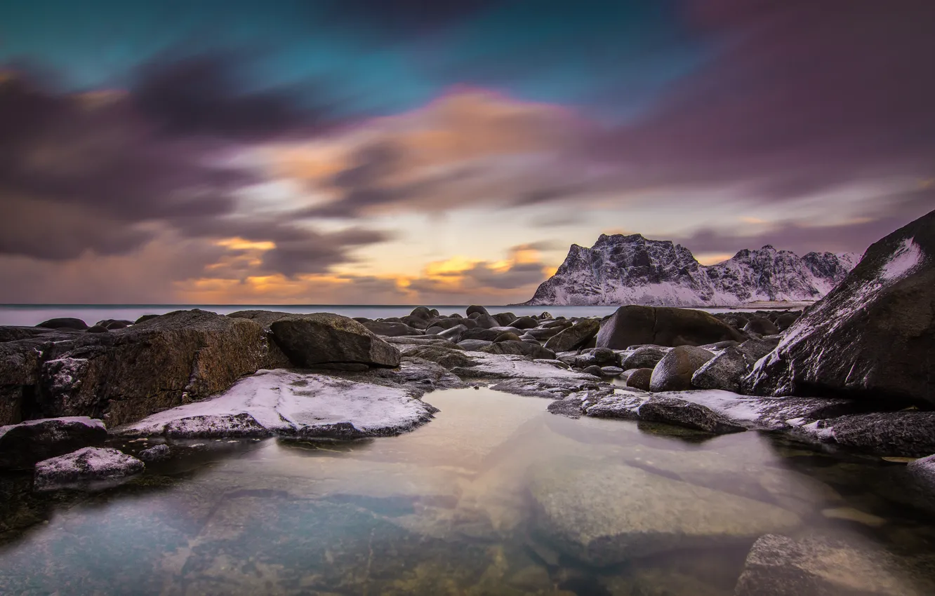 Photo wallpaper stones, mountains, shore, sea, the evening, rocks, clouds