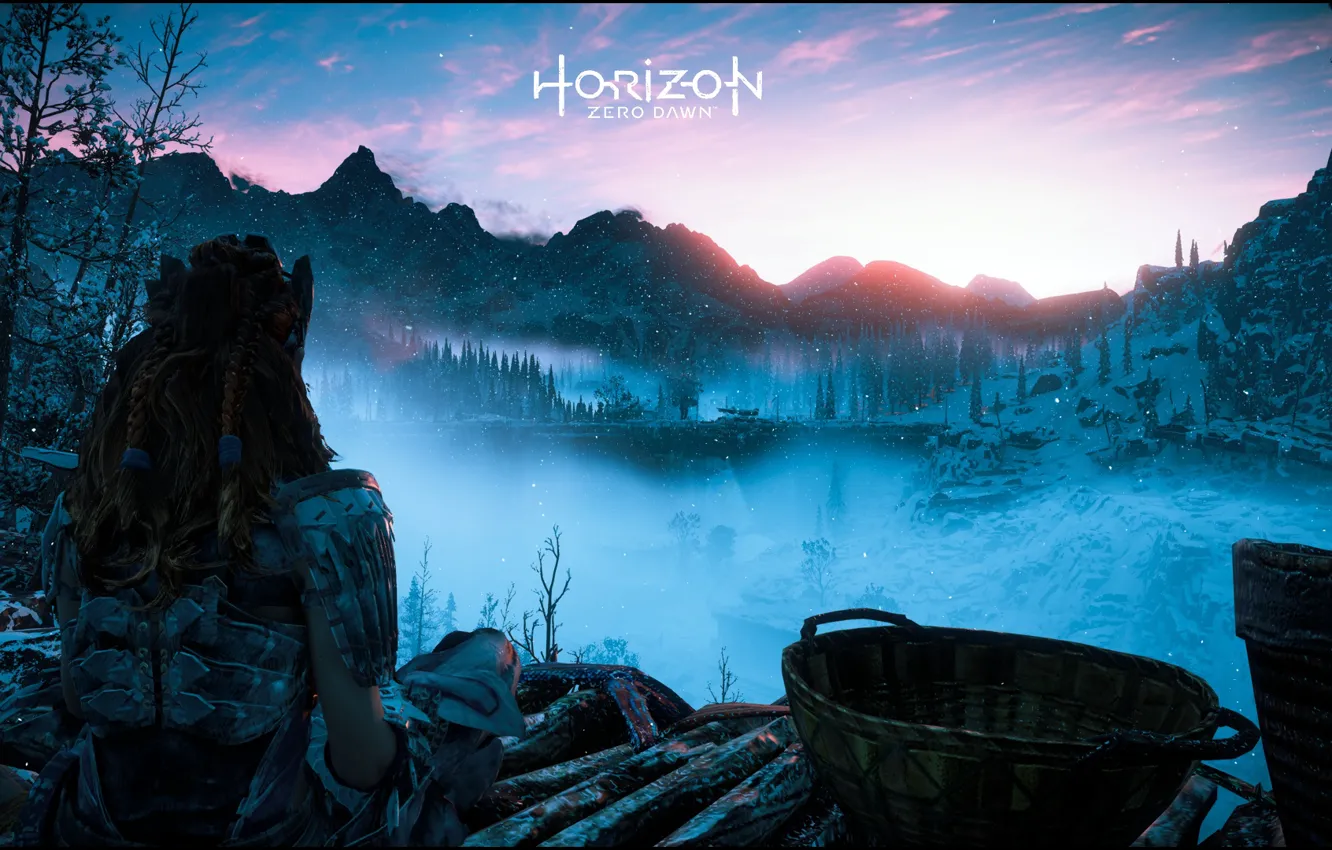 Photo wallpaper game, mountains, sun, Aloy, Horizon Zero Dawn