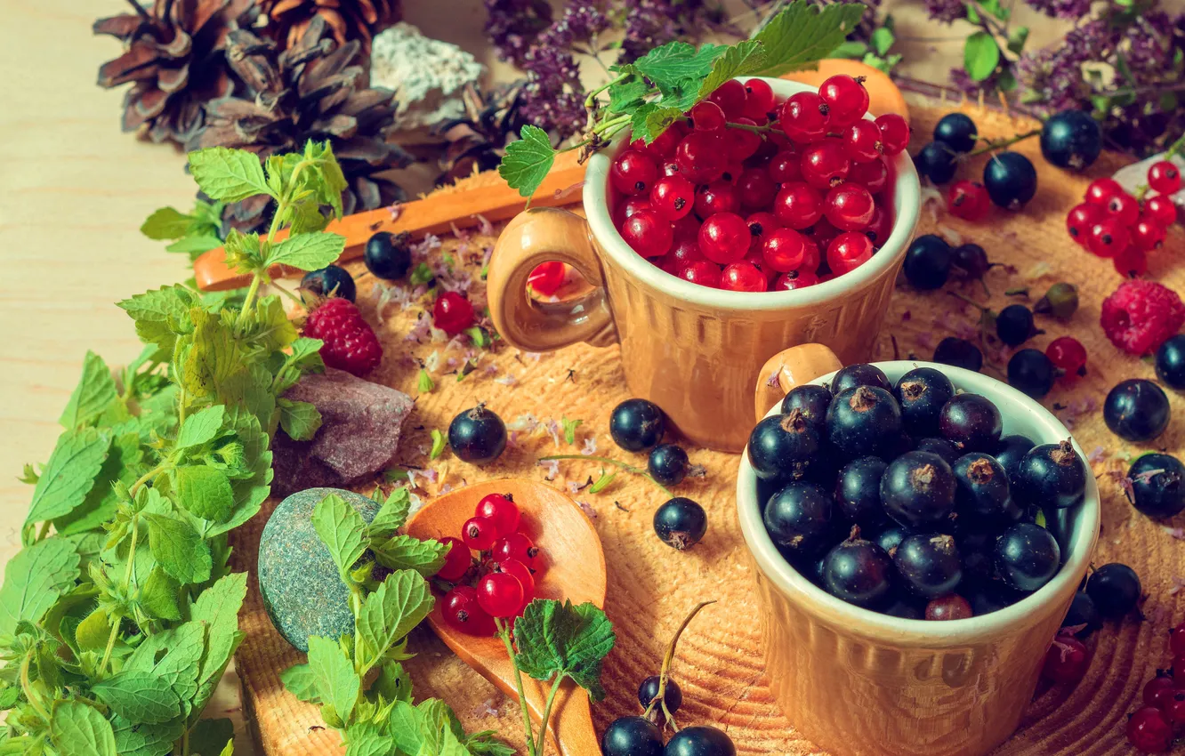Photo wallpaper greens, summer, red, berries, raspberry, stones, table, black