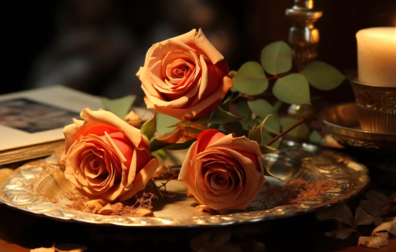 Photo wallpaper flowers, birthday, holiday, gift, roses, bouquet, candles, bow