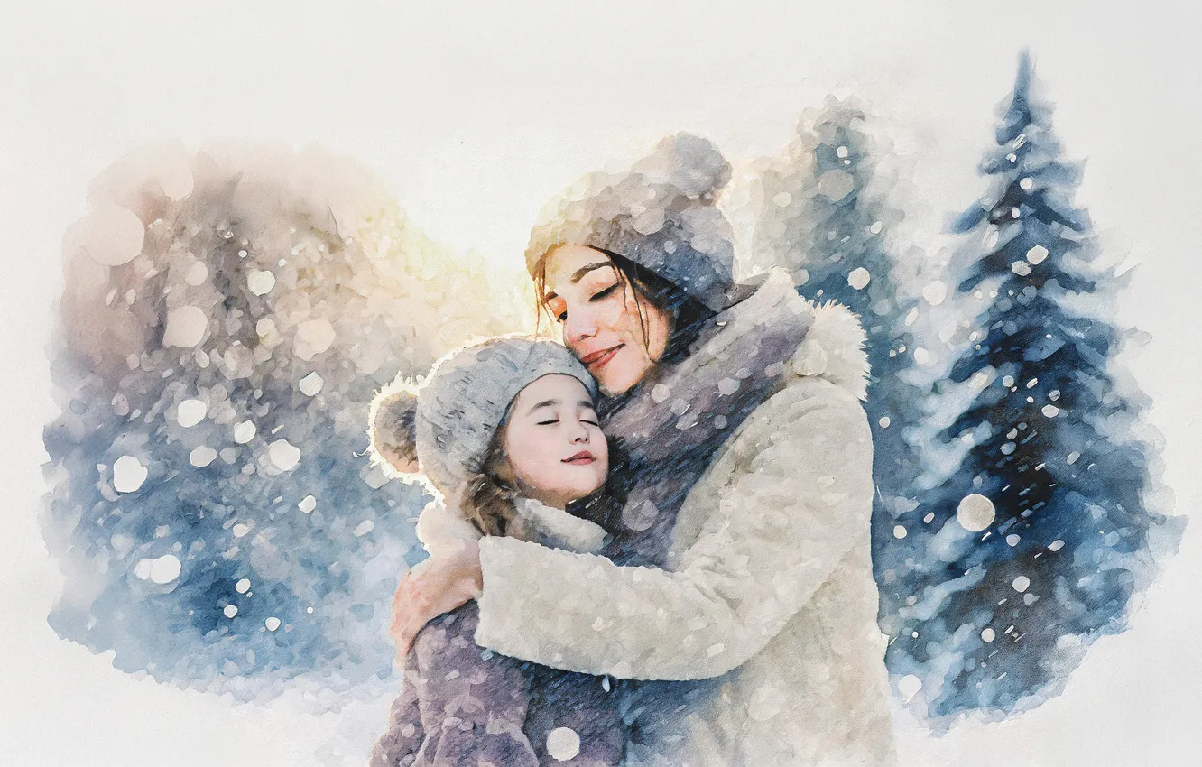 Photo wallpaper winter, snow, mom, daughter, AI art, neural network