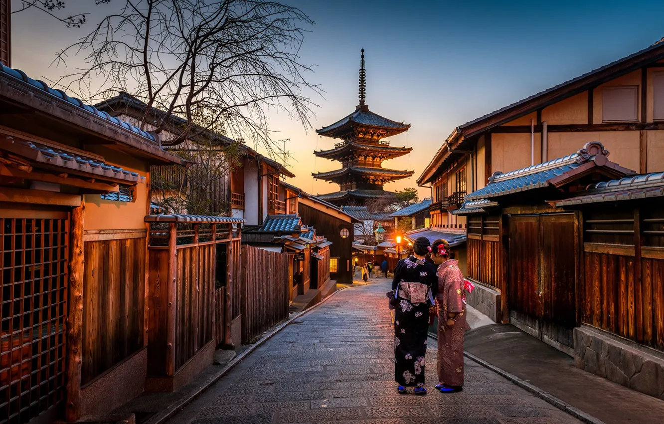 Photo wallpaper city, lights, Japan, twilight, Kyoto, sunset, evening, street