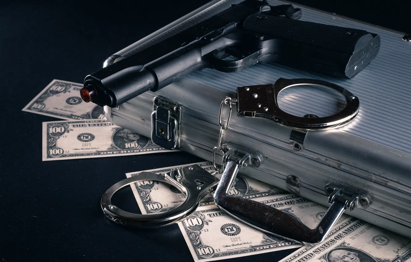 Photo wallpaper gun, money, dollars, handcuffs, bills, case