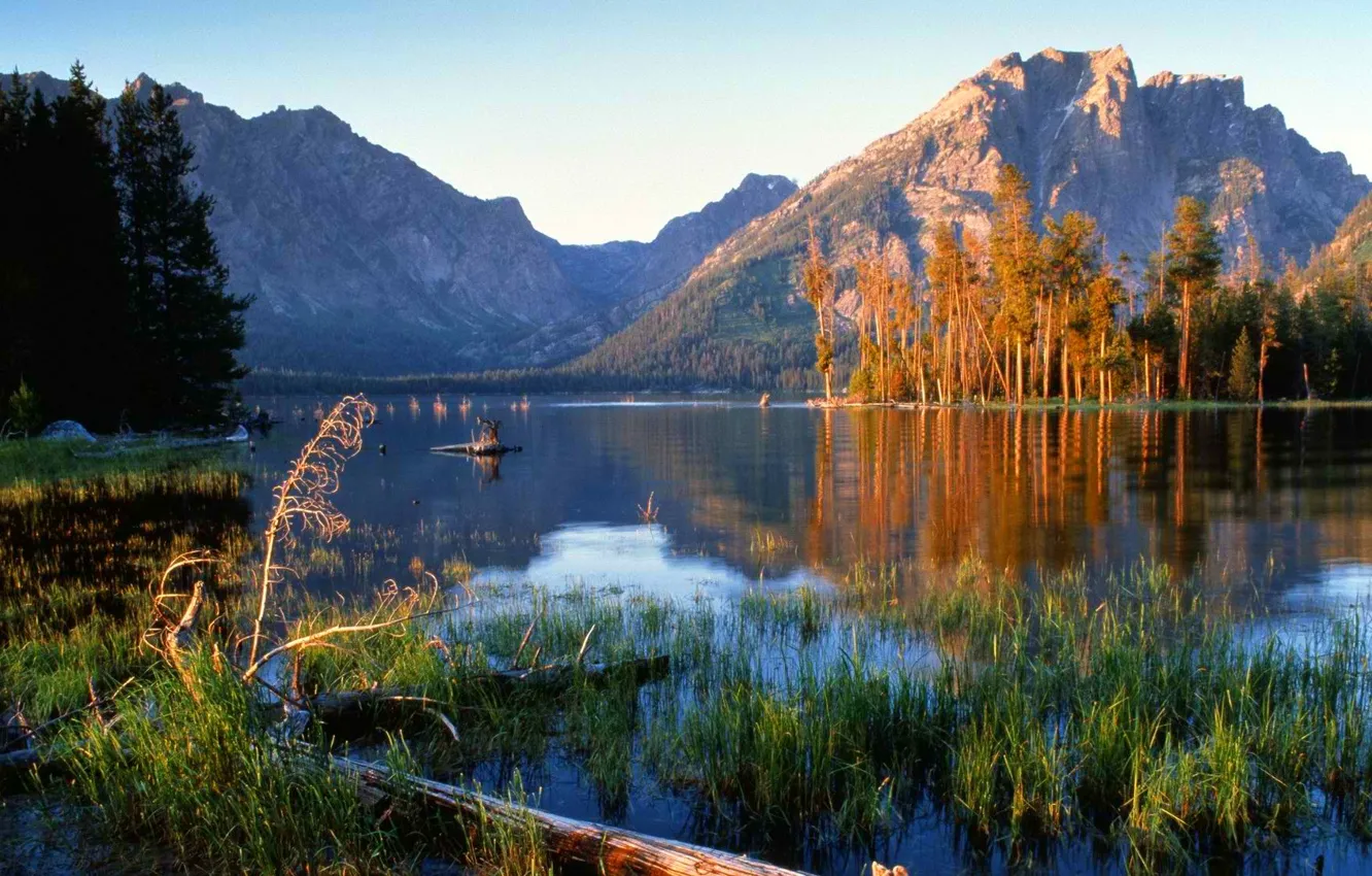 Photo wallpaper the sky, clouds, trees, sunset, mountains, lake