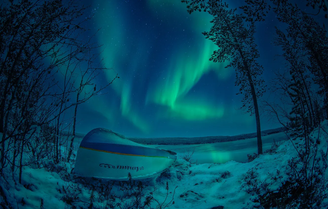 Photo wallpaper winter, the sky, snow, trees, lake, boat, Northern lights, Russia