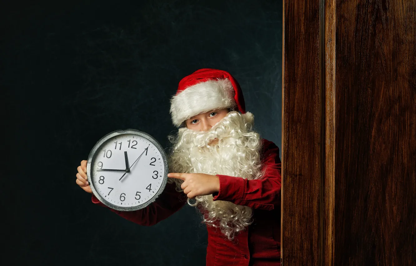 Photo wallpaper time, children, wall, watch, new year, boy, hands, the door