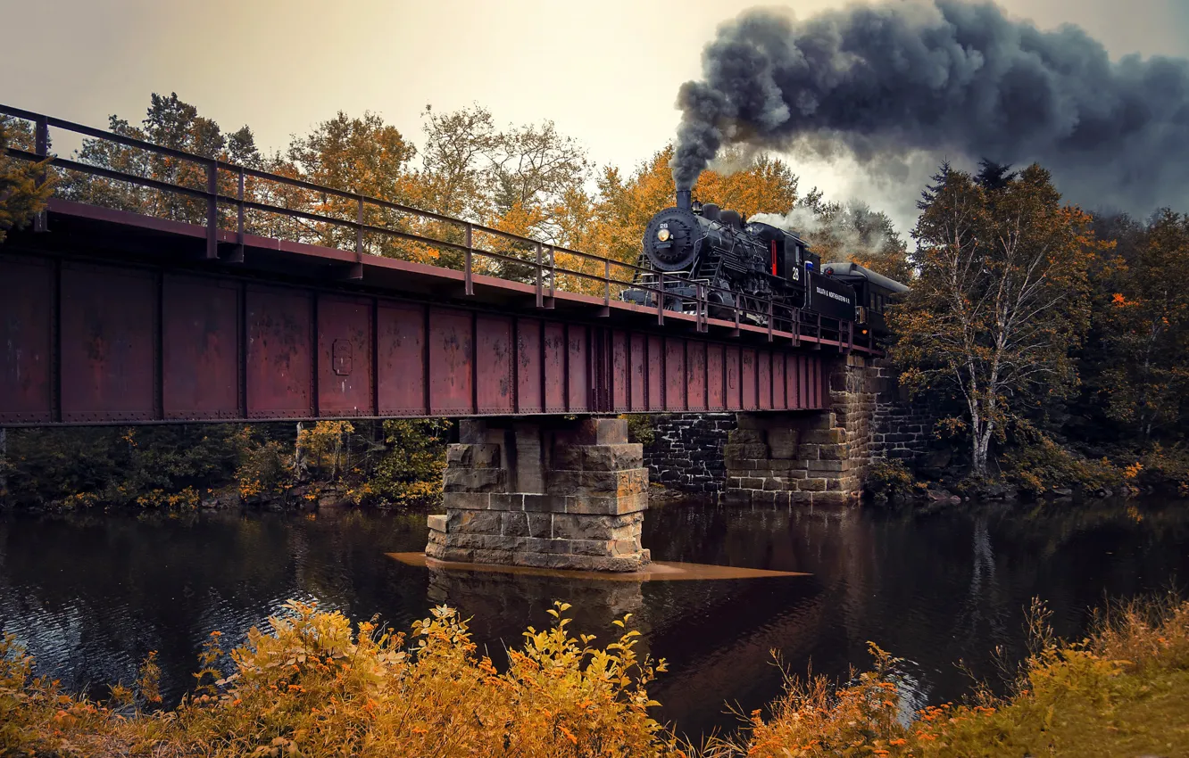 Photo wallpaper autumn, bridge, train