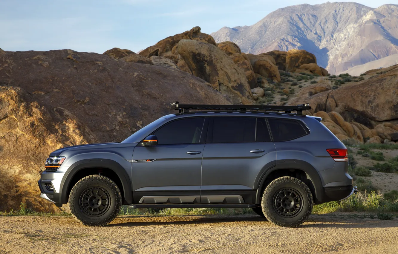 Photo wallpaper mountains, Volkswagen, side view, SUV, Atlas, 2019, dark gray, Basecamp Concept