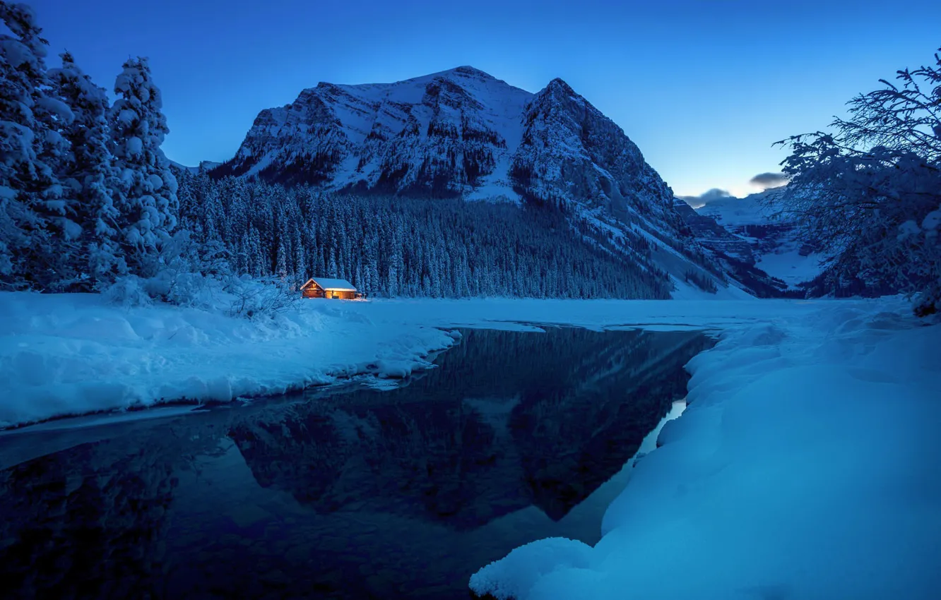Photo wallpaper winter, snow, mountains, lake, reflection, spruce forest