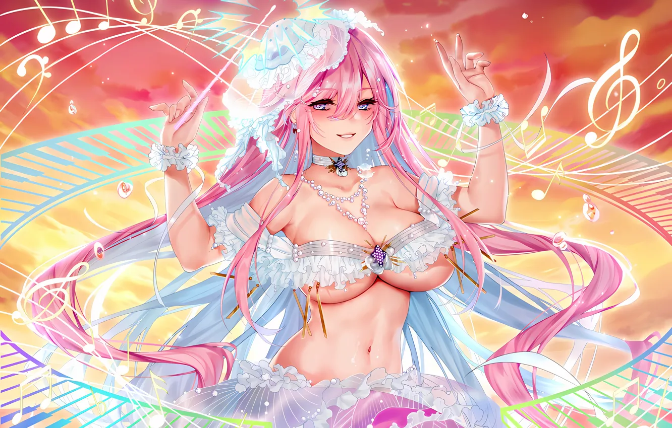 Photo wallpaper girl, sexy, cleavage, pink hair, long hair, boobs, anime, beautiful