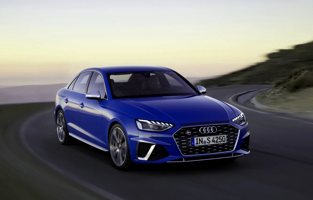 Photo wallpaper blue, movement, Audi, sedan, Audi A4, Audi S4, 2019