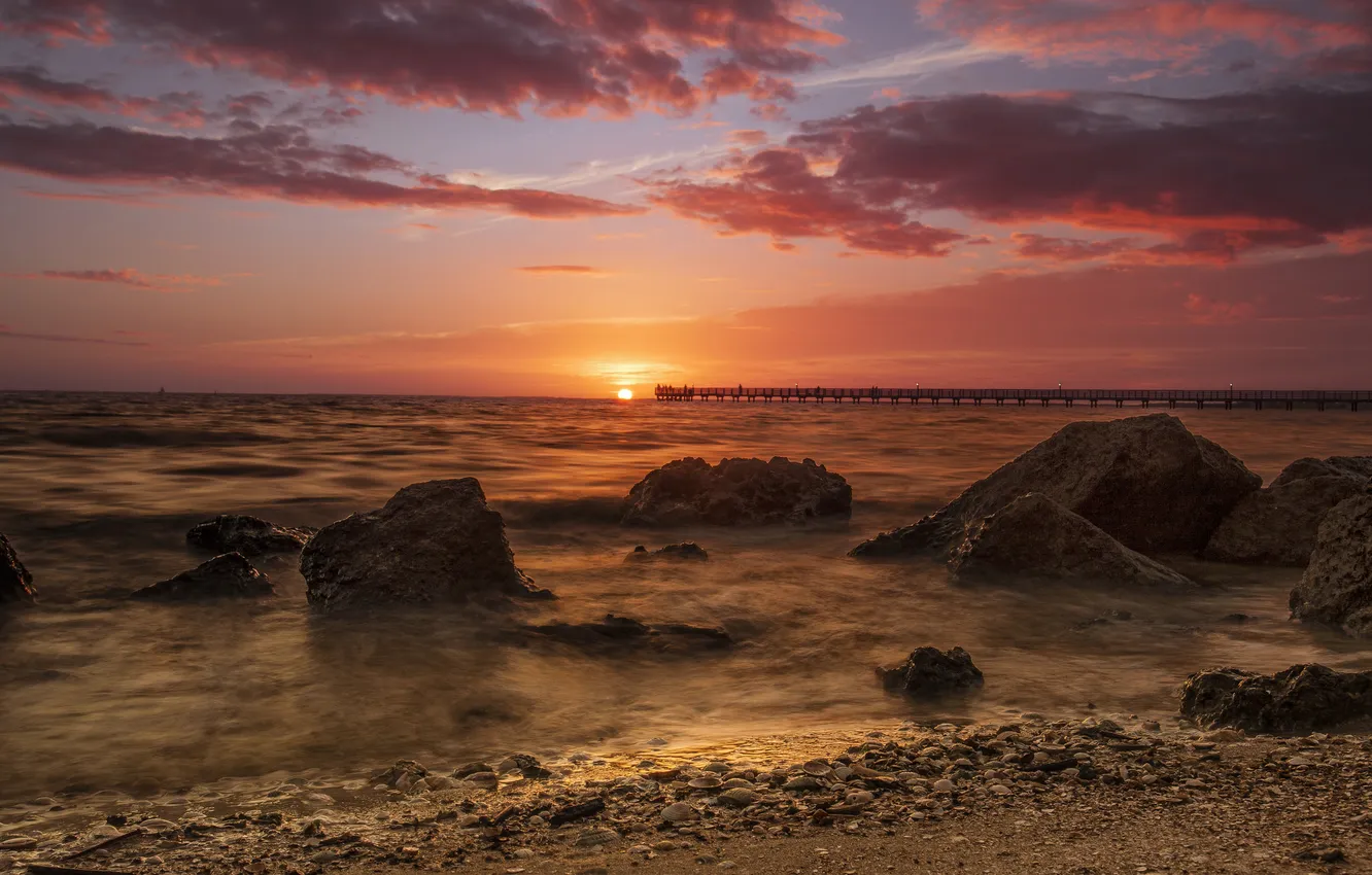 Photo wallpaper sea, sunset, Bay Shore Live Oak Park