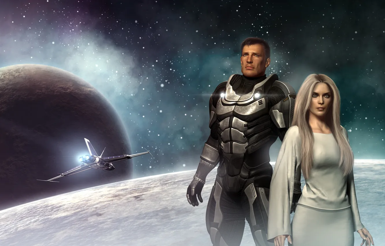 Photo wallpaper girl, space, ship, planet, guy