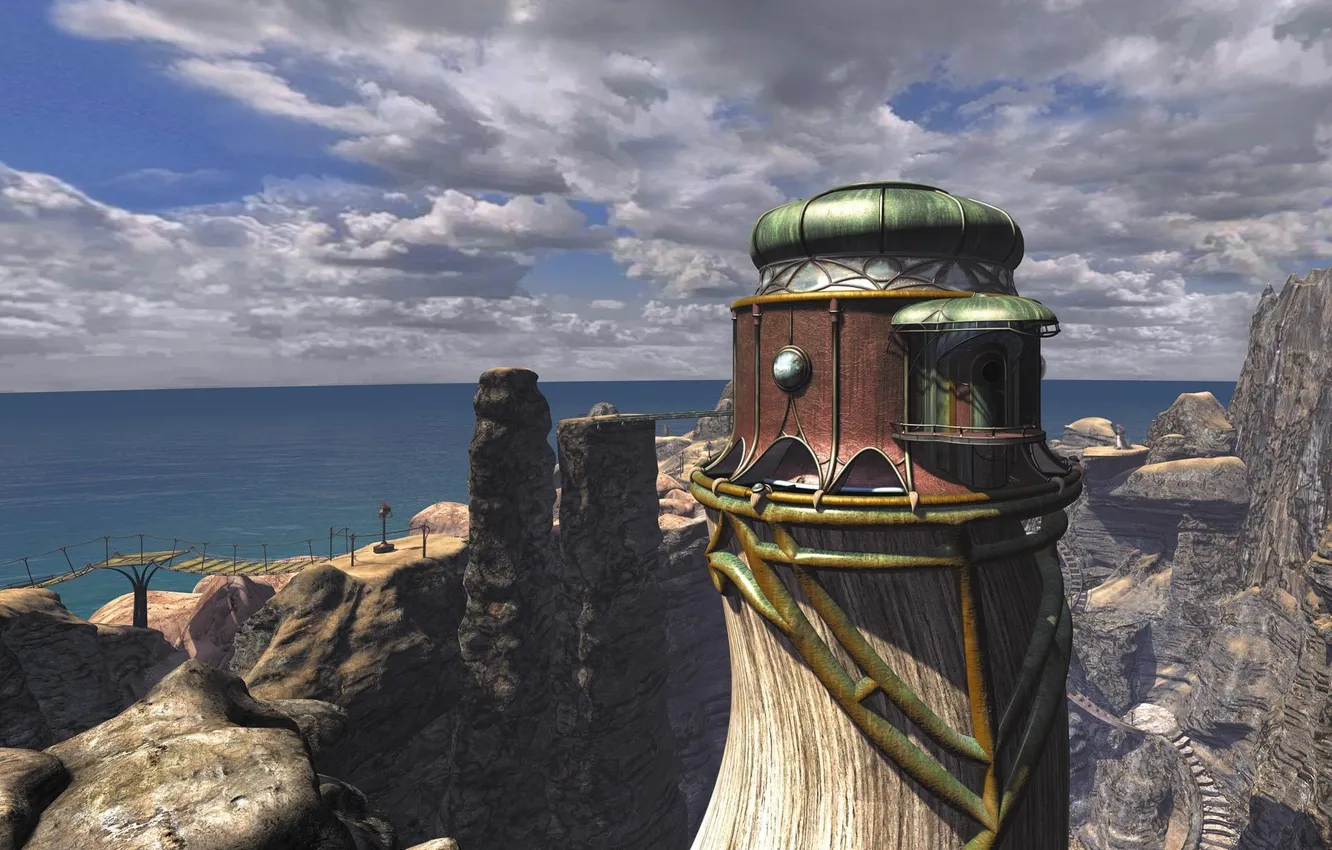 Photo wallpaper sea, landscape, bridge, rocks, building, ladder, Exile, myst 3