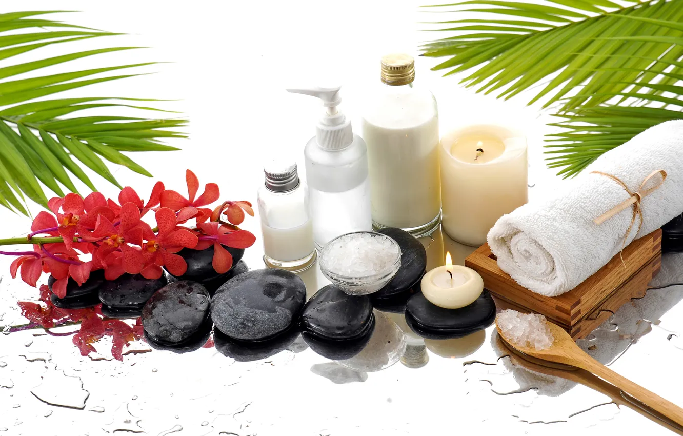 Photo wallpaper flowers, stones, oil, candles, Spa, salt
