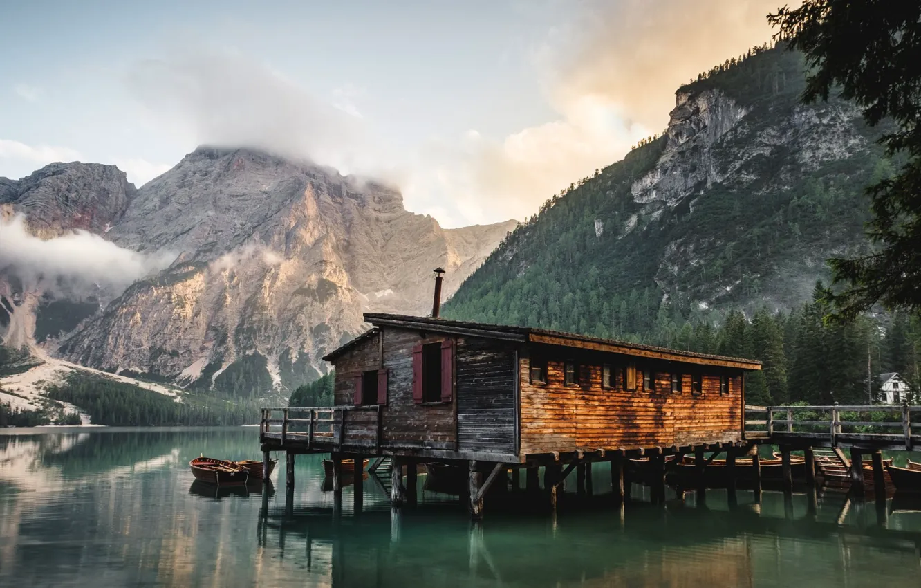 Photo wallpaper trees, landscape, clouds, lake, dawn, hut, daylight, Fir