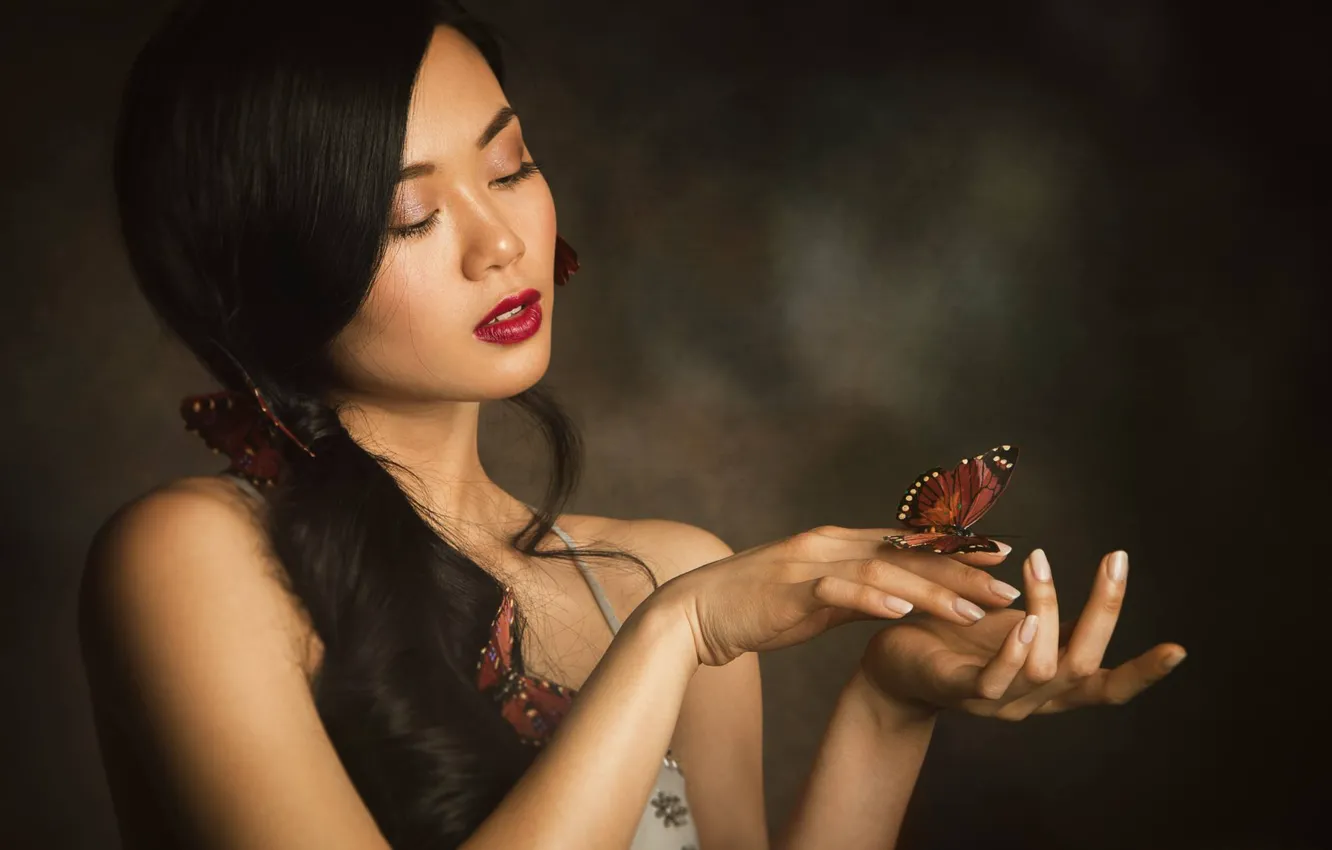 Photo wallpaper girl, background, mood, butterfly, hands, makeup, Asian