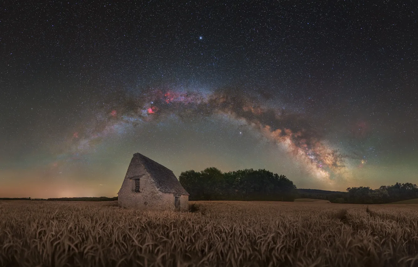 Photo wallpaper field, night, house, the milky way