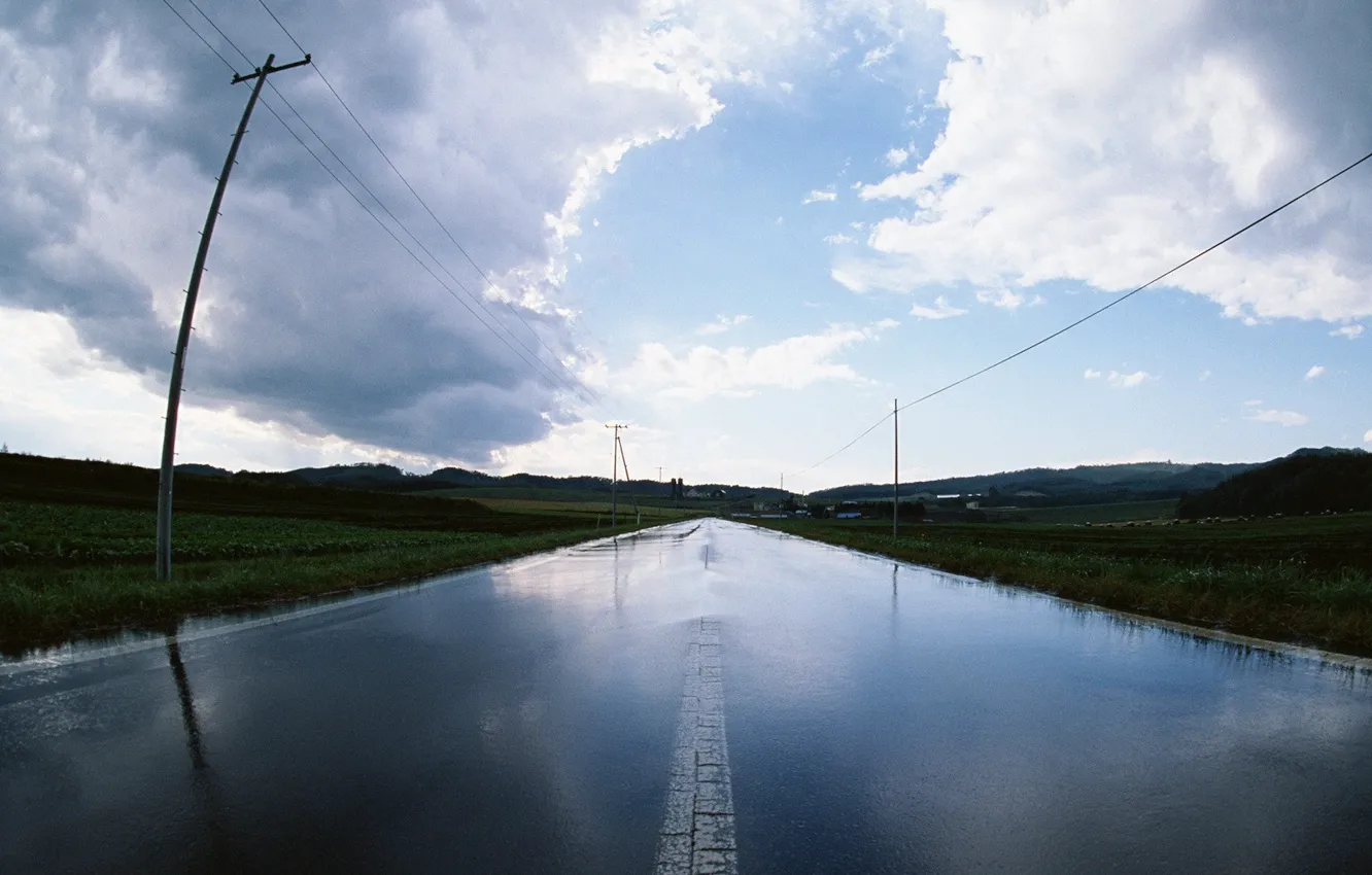 Photo wallpaper water, rain, post, Road