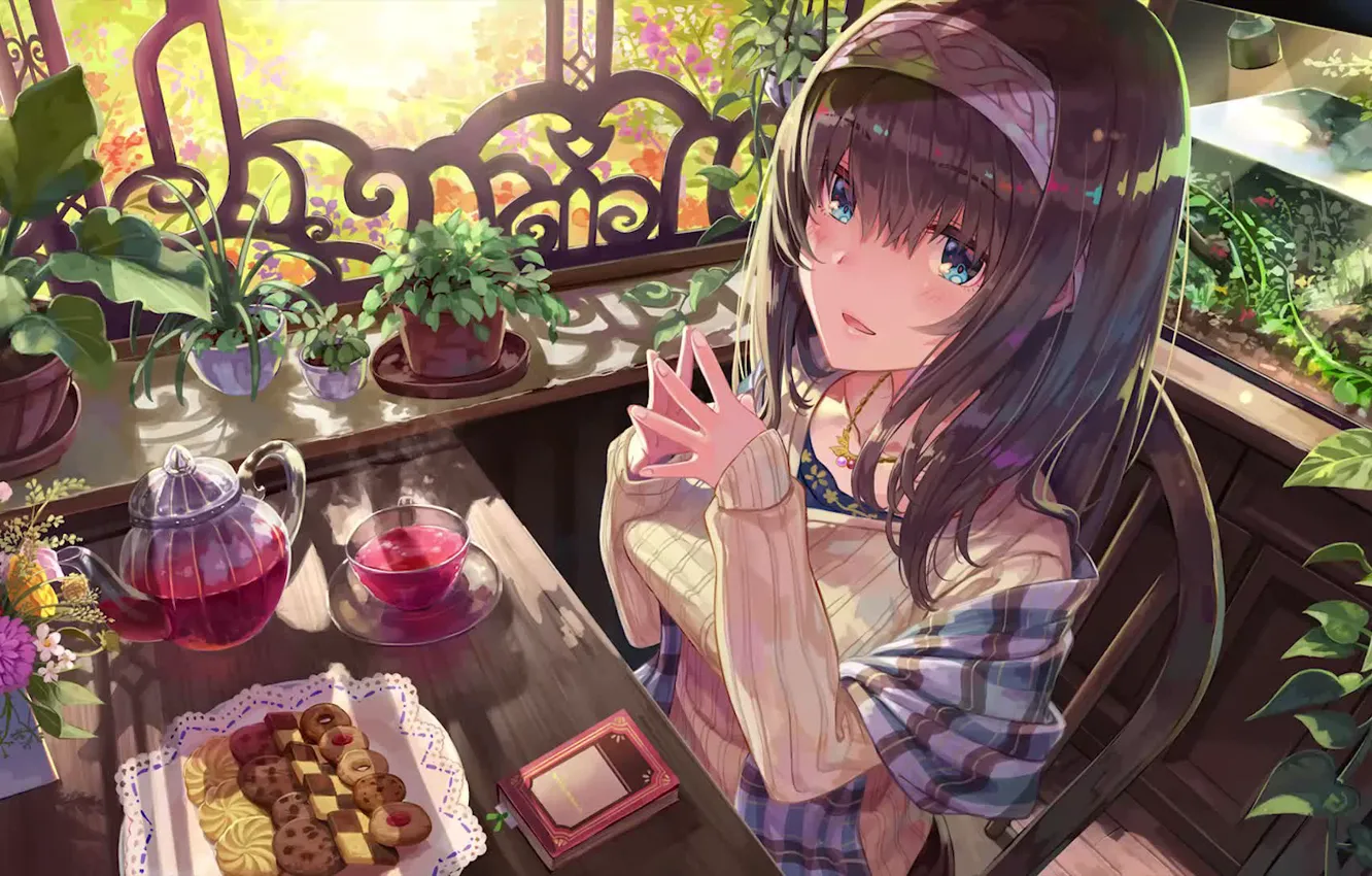 Photo wallpaper aquarium, kettle, cookies, sweets, book, at the table, flowers in pots, The Idolm @ Ster: …