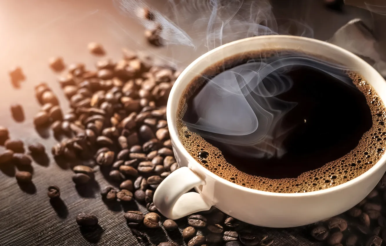 Photo wallpaper light, table, coffee, hot, pair, Cup, coffee beans, black coffee