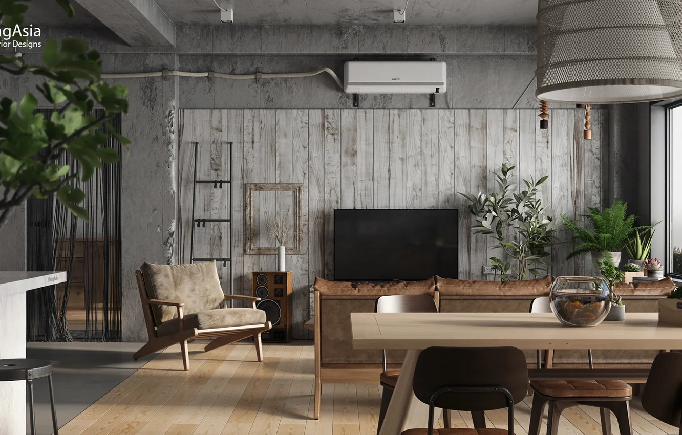 Photo wallpaper plant, interior, living room, dining room, Urban Jungle Style, soft loft, design studio Fungasia, by …