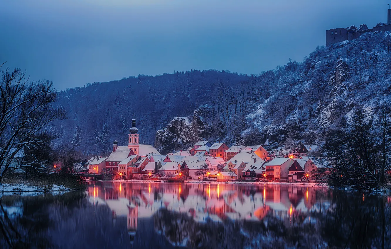 Photo wallpaper winter, landscape, reflection, river, building, mountain, Germany, Bayern