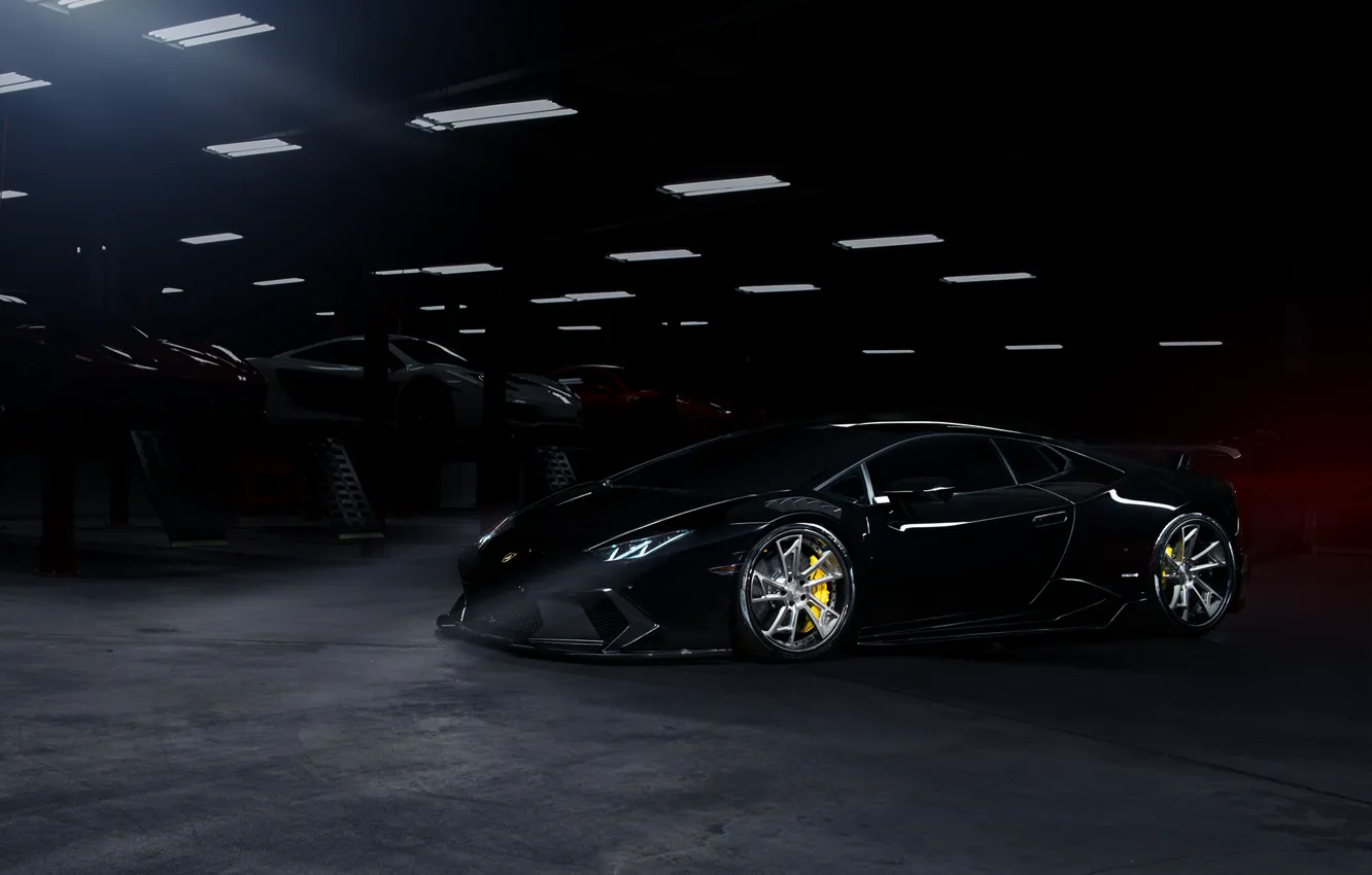 Photo wallpaper Lamborghini, Dark, Front, Black, Color, Supercar, Wheels, Garage