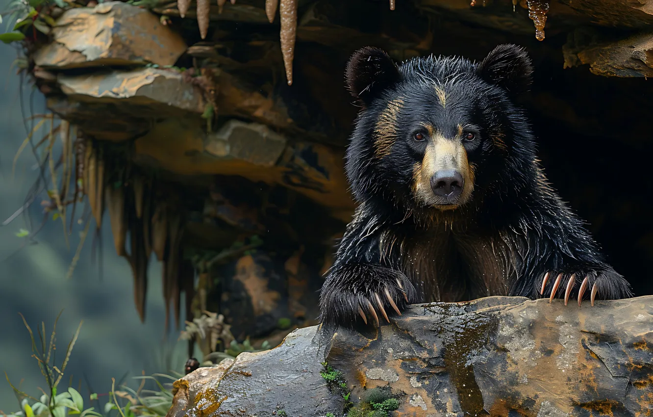 Photo wallpaper look, face, stones, predator, paws, bear, digital art, Black bear