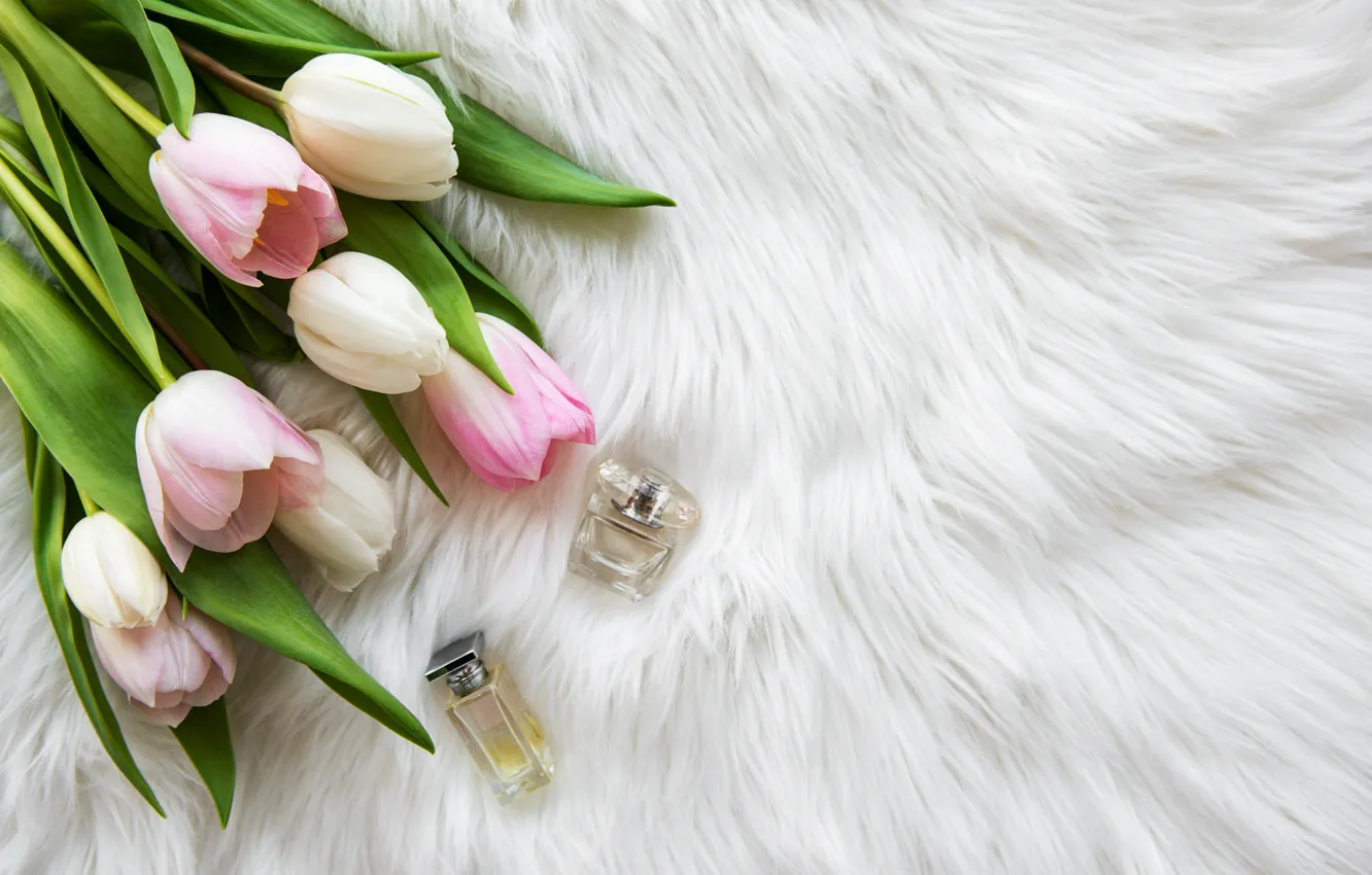 Photo wallpaper perfume, tulips, fur, bottles, Olena Rudo