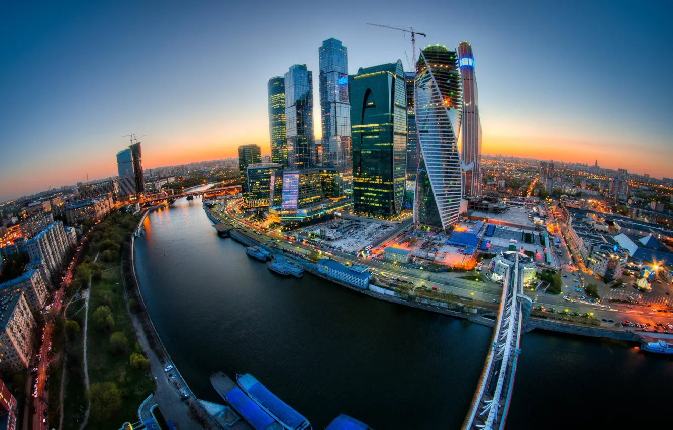 Photo wallpaper Sunset, Bridge, Moscow, Evolution, Moscow-City, Federation, OKO, Tower 2000