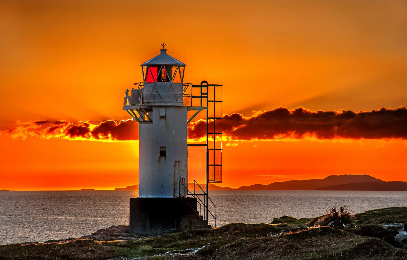 Photo wallpaper sea, the sky, clouds, sunset, shore, lighthouse