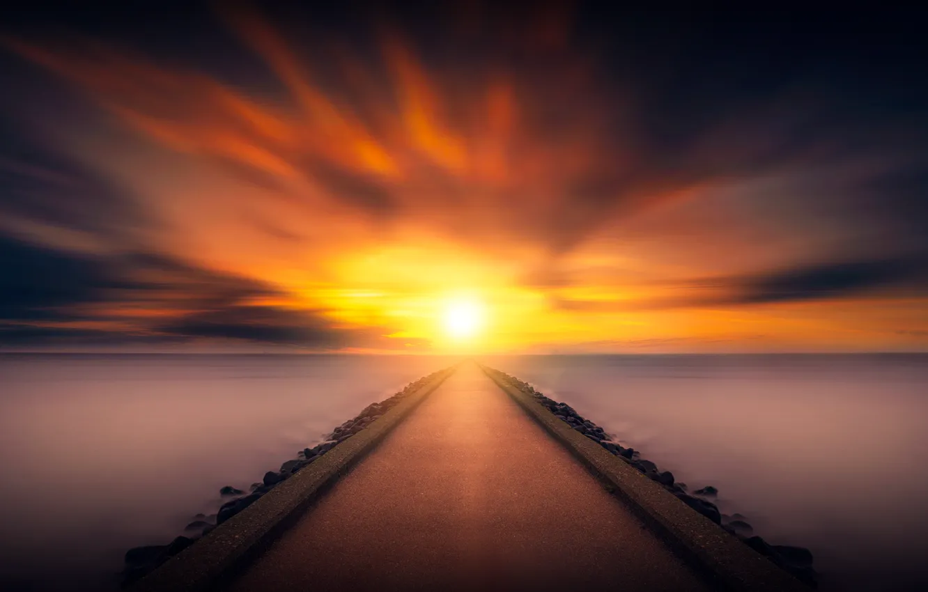 Photo wallpaper sea, the sky, the sun, landscape, dawn