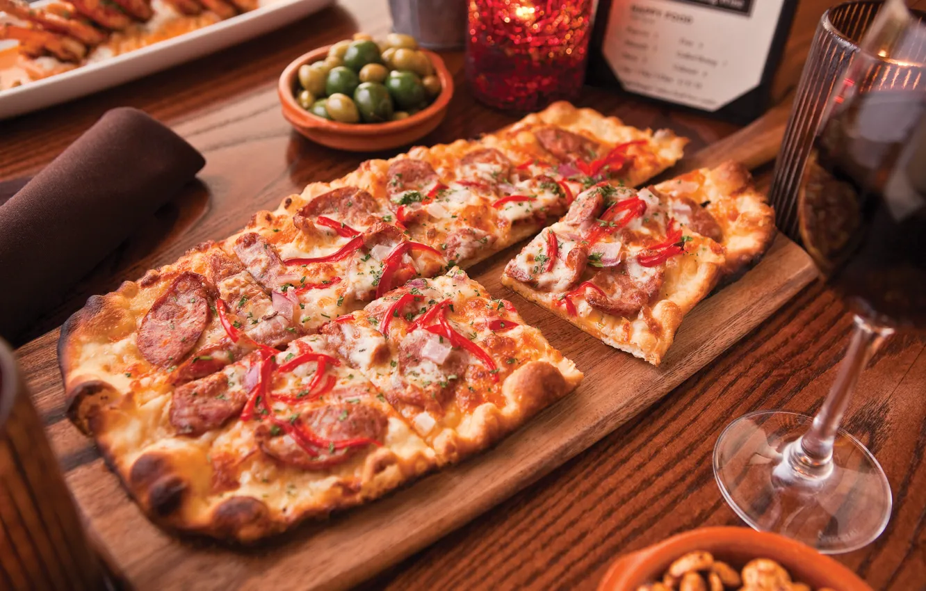 Photo wallpaper table, wine, glass, food, Italy, Board, pizza, pizza
