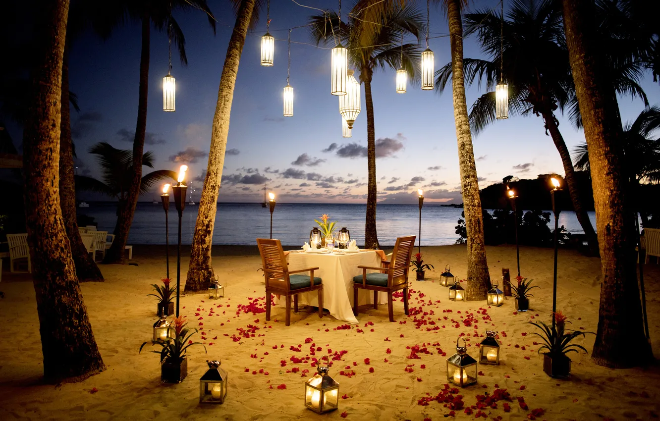 Photo wallpaper beach, flowers, palm trees, the ocean, romance, glass, the evening, candles