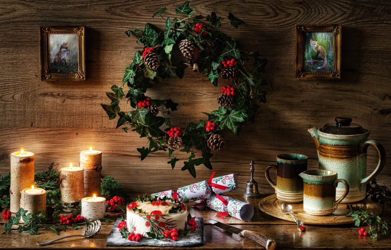Photo wallpaper style, berries, candles, Christmas, cake, mugs, still life, wreath