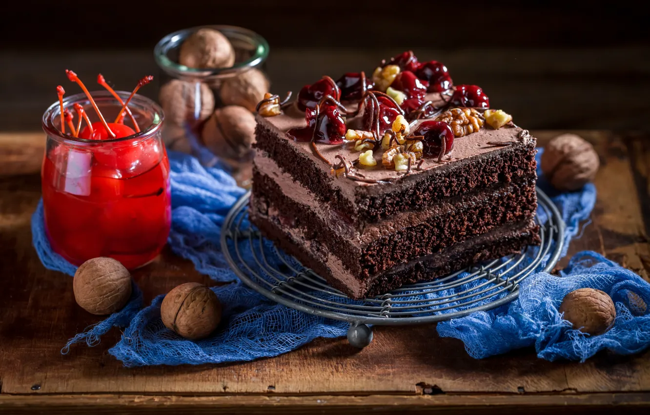 Photo wallpaper cherry, cake, nuts, cream, sweet, chocolate