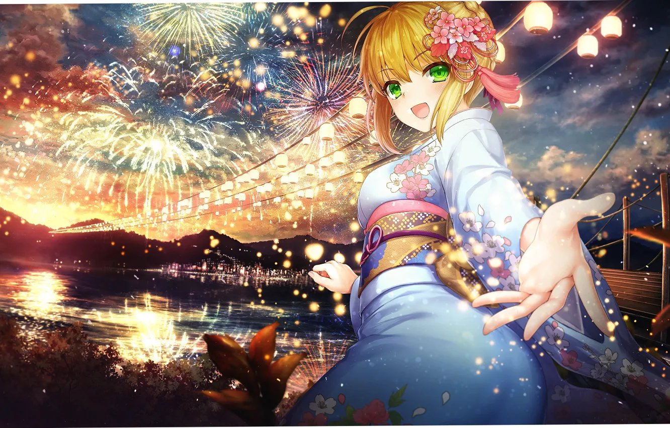 Photo wallpaper girl, smile, holiday, salute, yukata, festival, the saber, Fate stay night