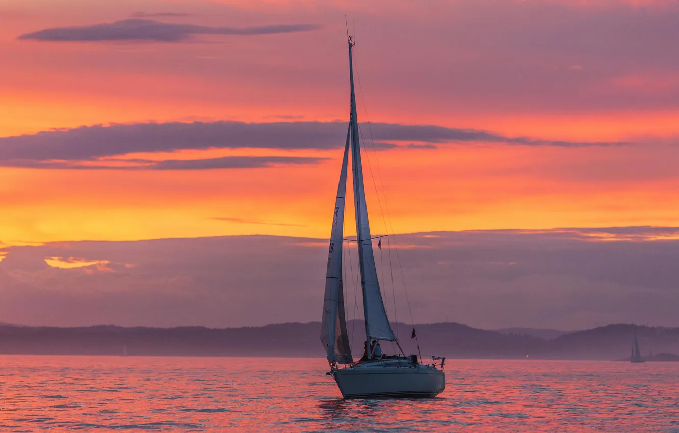 Photo wallpaper sea, sunset, coast, the evening, yacht, sail