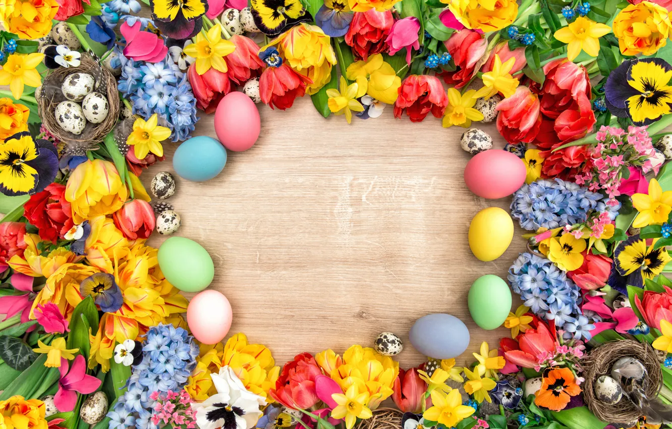 Photo wallpaper flowers, spring, colorful, Easter, tulips, happy, wood, flowers