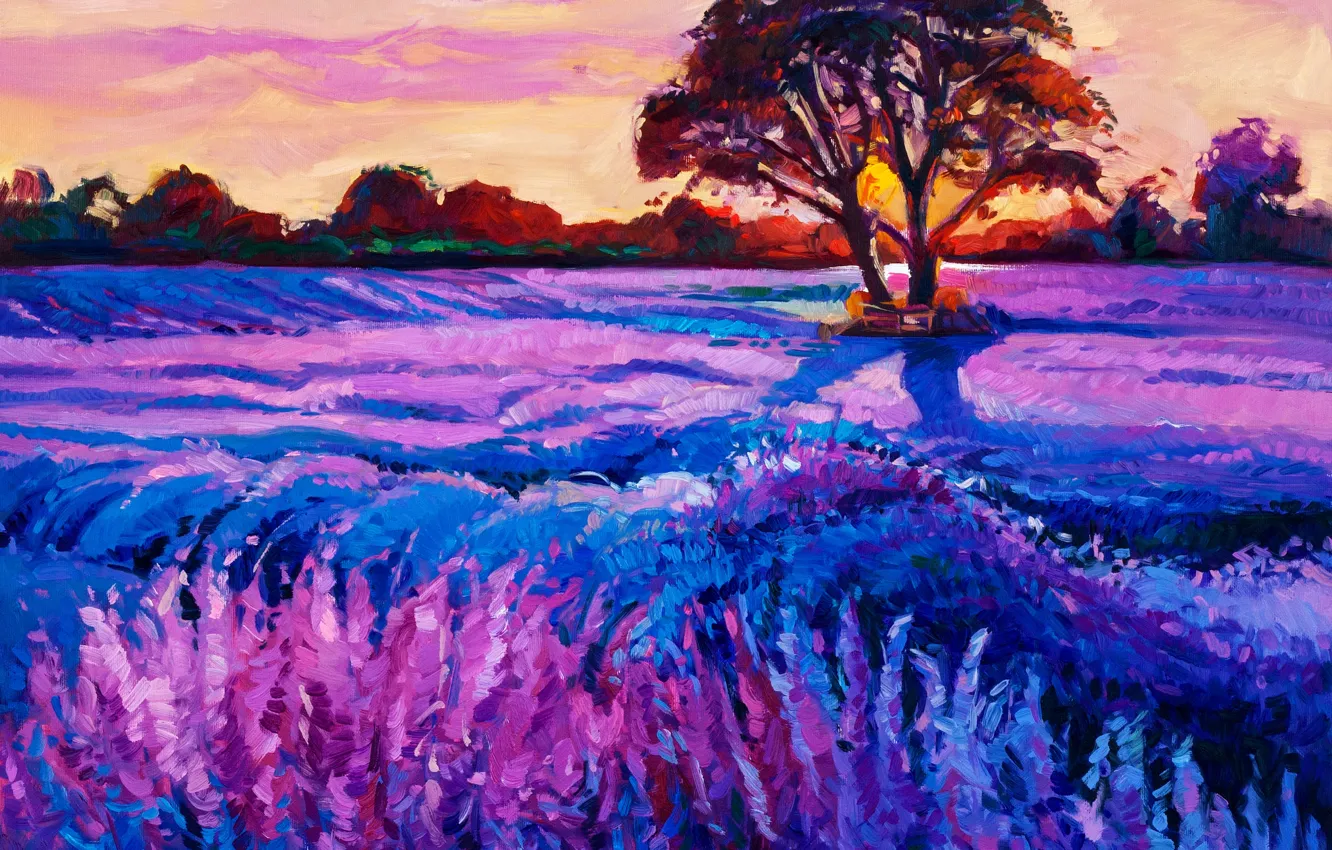 Photo wallpaper the sky, trees, sunset, flowers, nature, beauty, painting