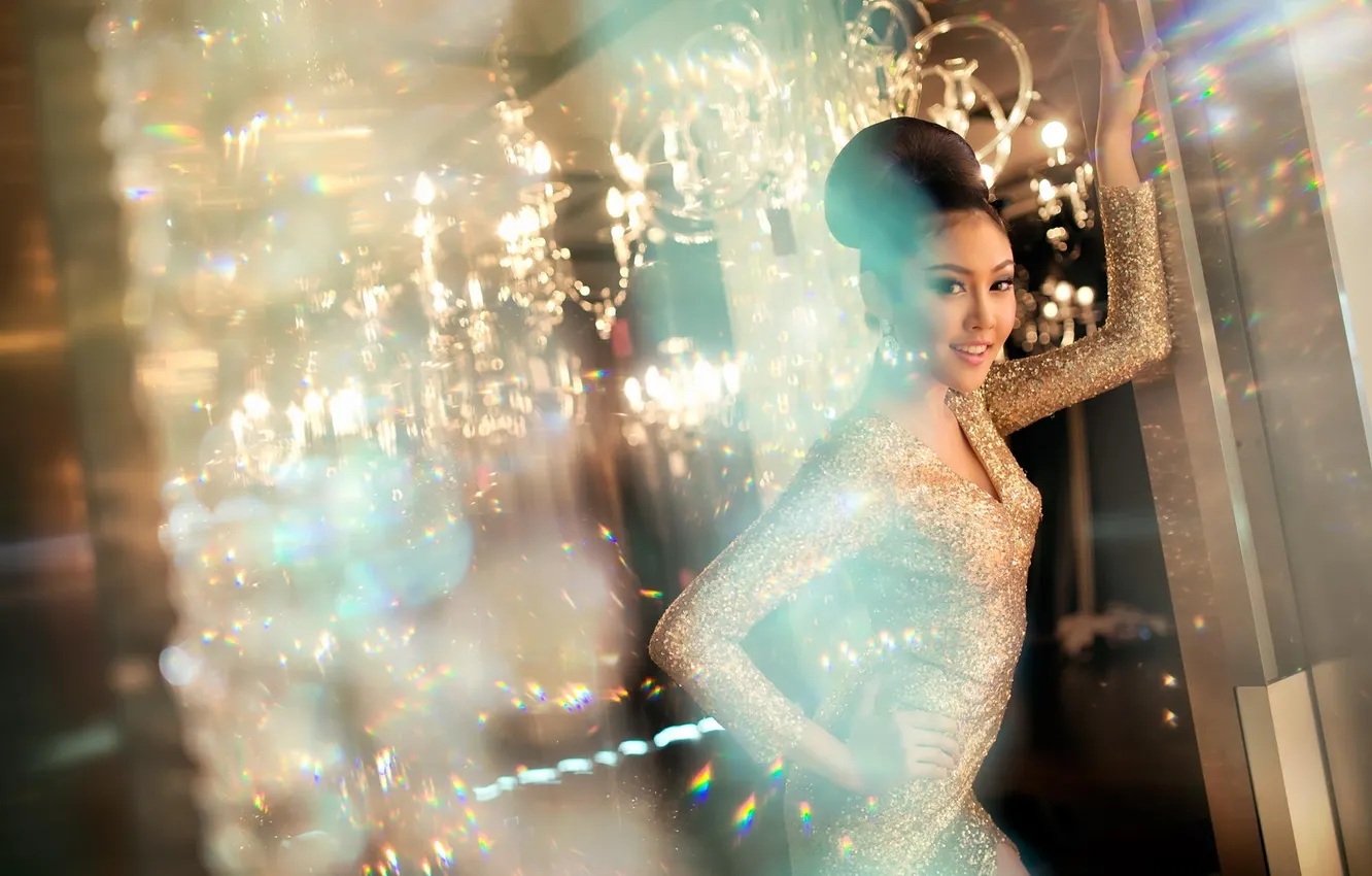 Photo wallpaper girl, reflection, dress, window, chandelier, Asian