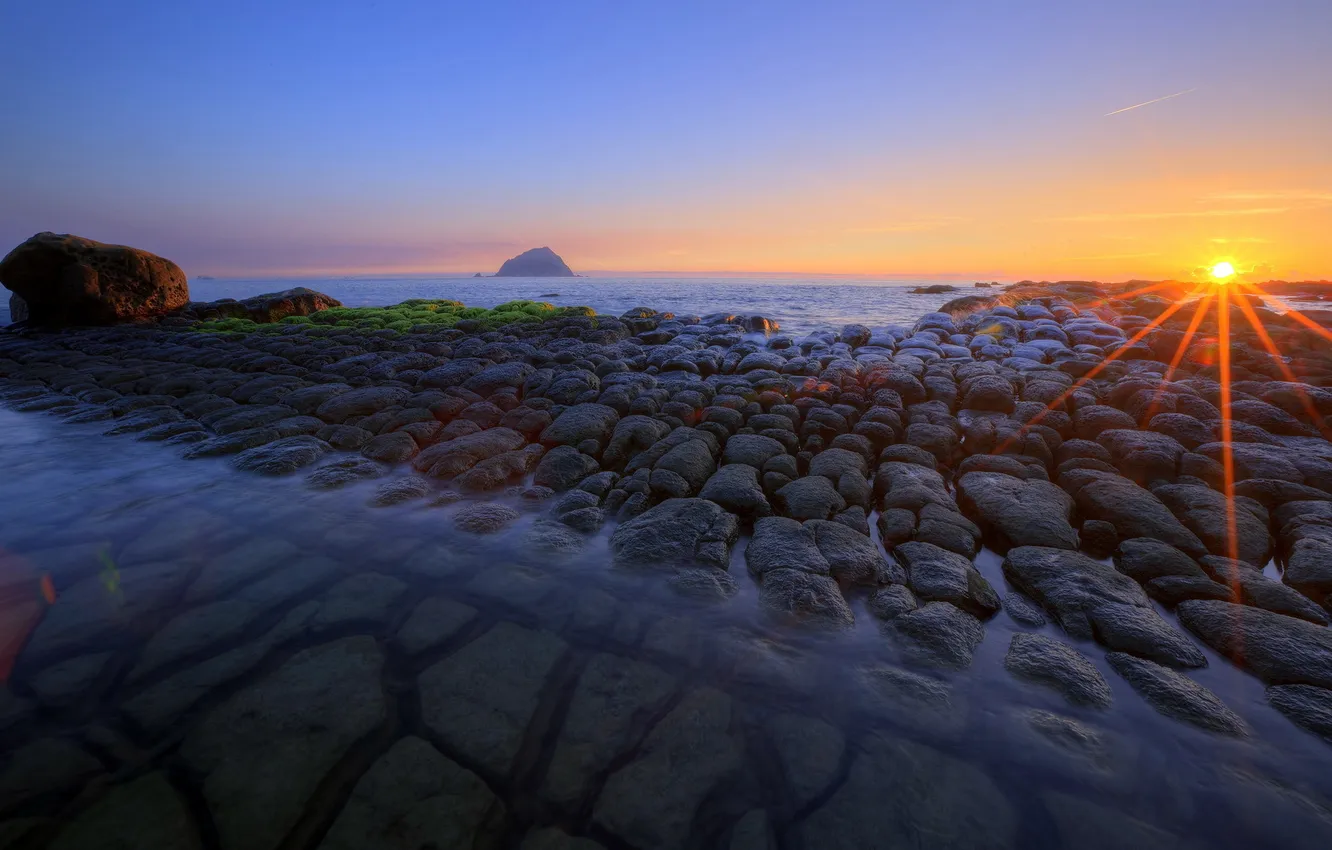 Photo wallpaper sea, landscape, sunset, stones
