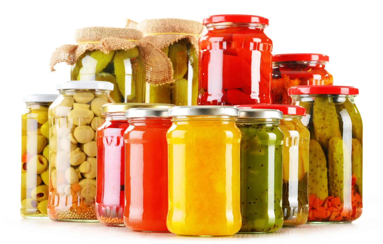 Photo wallpaper Bank, white background, still life, vegetables, jam, pickles, conservation